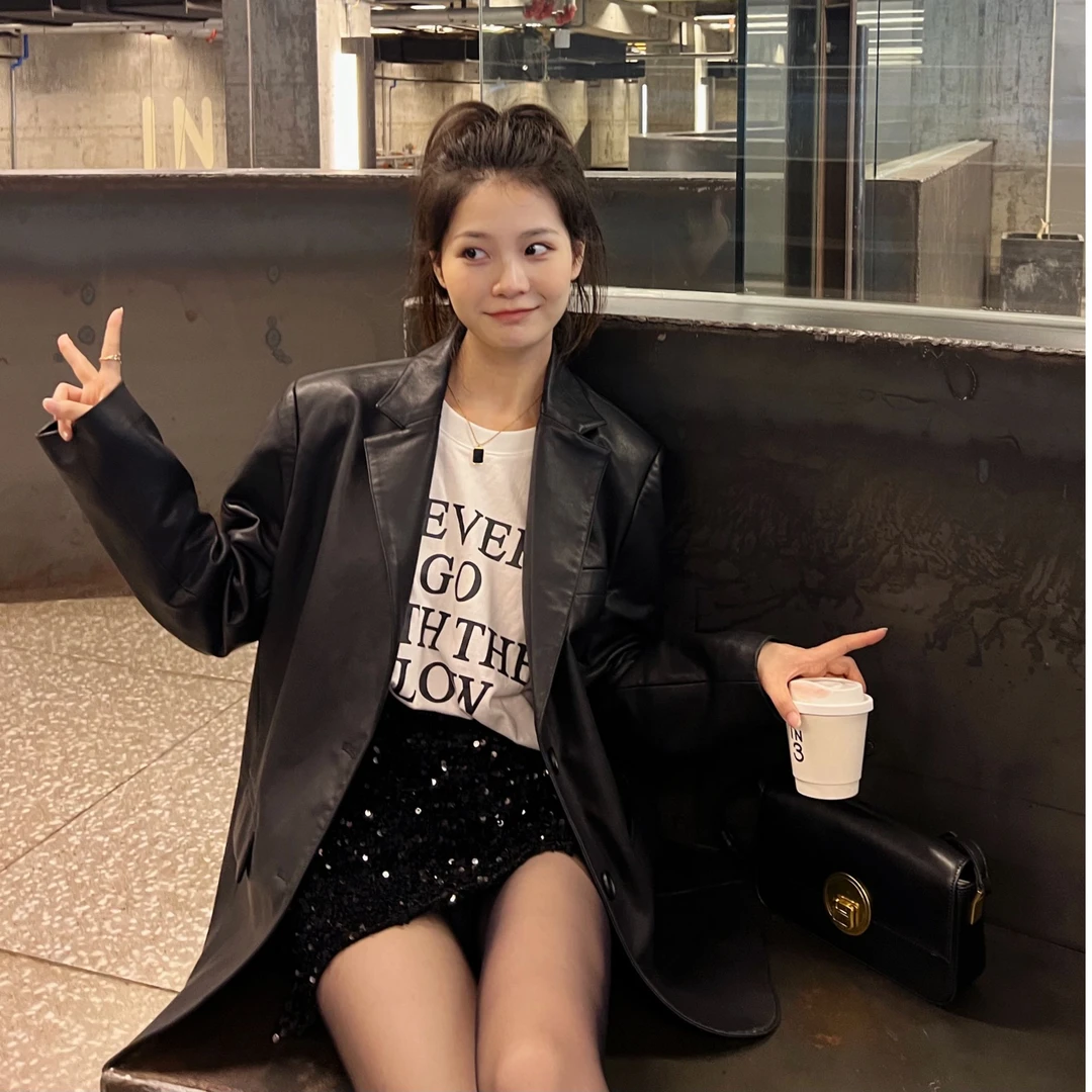 早春宽松西装皮衣女款2025春季黑色复古休闲开春韩版高级感外套