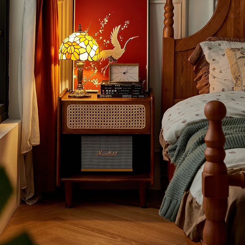 法式中古风纯实木藤编床头柜小型小户型卧室家用现代简约复古边柜