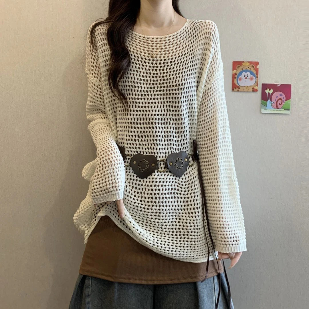 波西米亚风镂空针织衫女夏秋胖MM气质腰带收腰显瘦背心裙罩衫套装