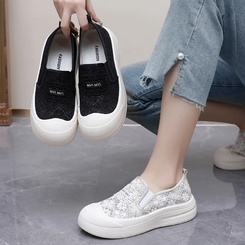 薄款透气蕾丝一脚蹬懒人时尚休闲鞋子女厚底百搭休闲鞋软底女单鞋