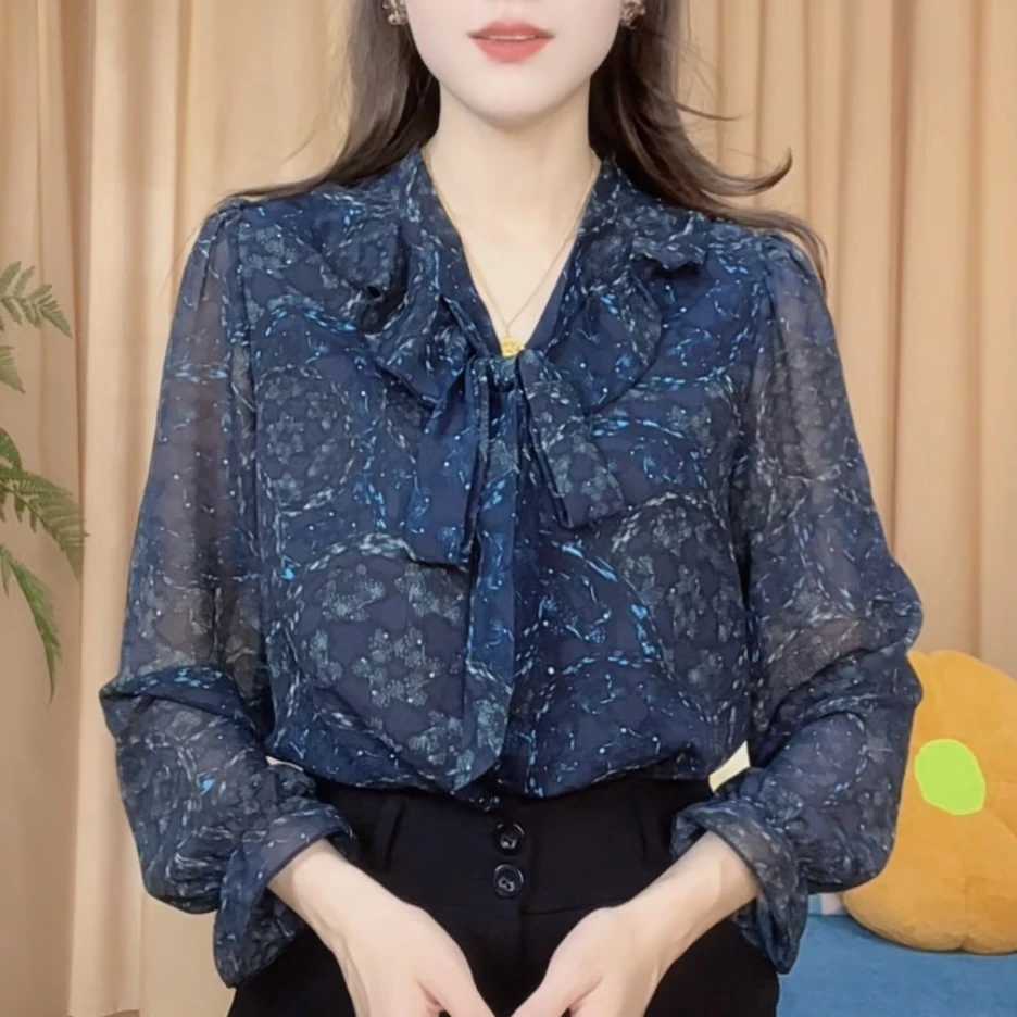 X8818高端时尚长袖碎花雪纺衬衫女2025春季新款显瘦气质衬衣女