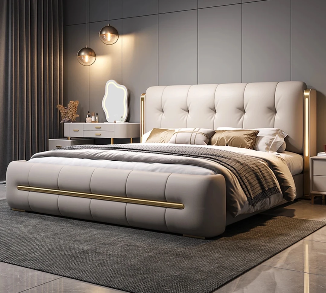 带灯齐边床节约空间次卧床真皮牛皮床软床1.8米2米双人床轻奢7009