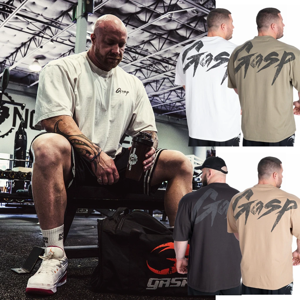 原版盖世背部手写LOGO健身健美欧美休闲新款大码运动宽松短袖ins