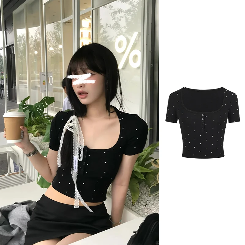 Moses Queen/魔西女王U领波点印花紧身上衣甜辣时髦凉感短款短袖