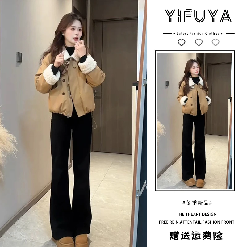 秋冬装搭配一整套高级感复古翻领拼接派克服棉衣厚外套阔腿裤套装