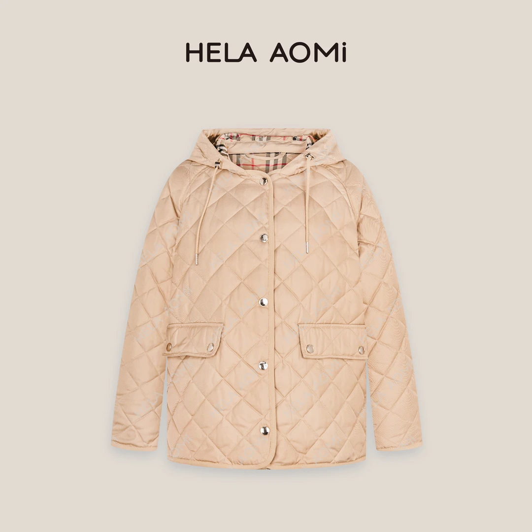 HELA AOMI“奶奶服中长款”90%白鹅绒卡其短款连帽羽绒服CY5DM63087