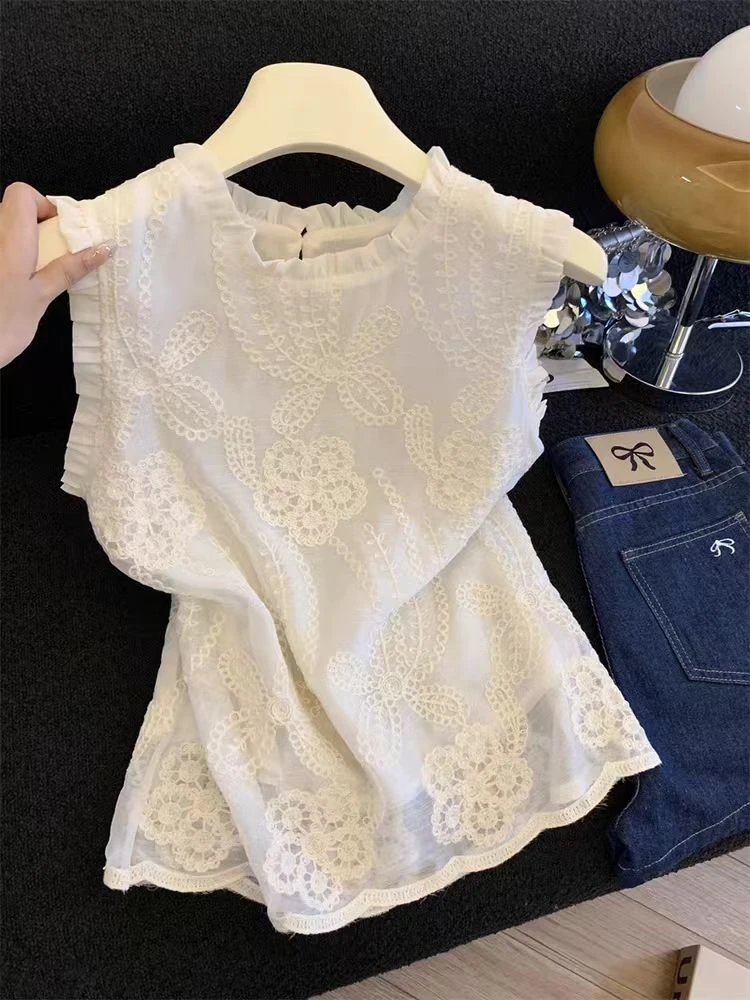 高级感洋气无袖提花蕾丝背心女2025夏季钩花镂空别致上衣