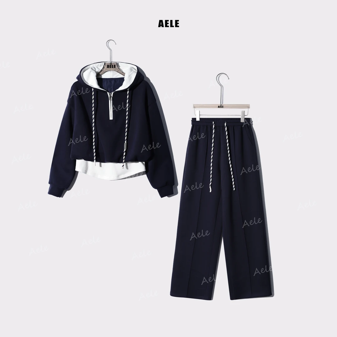 AELE设计感撞色减龄麻花抽绳连帽卫衣+休闲裤套装D853 3099 AD