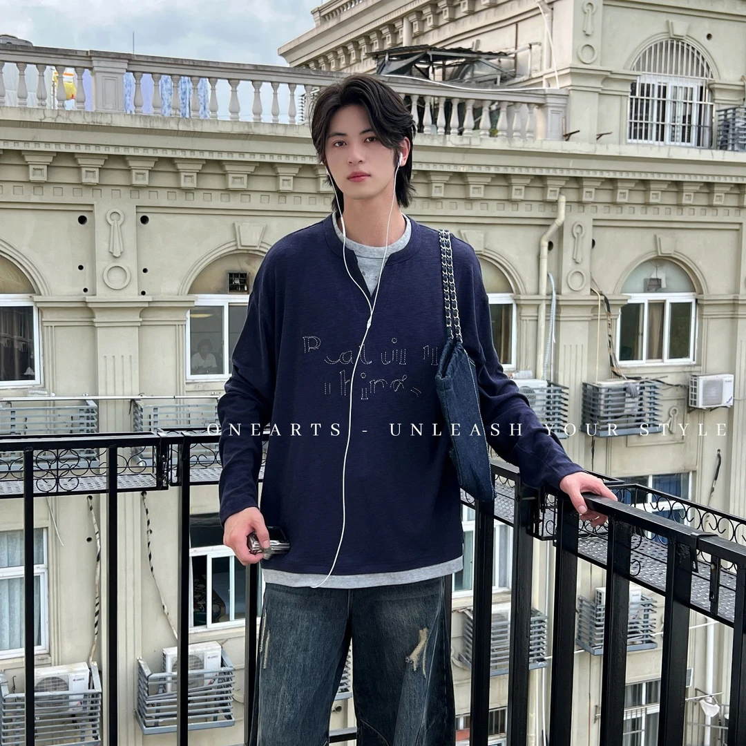 【ONEARTST恤】新品老钱风小众设计感潮牌美式V领拉领拼接长袖T恤