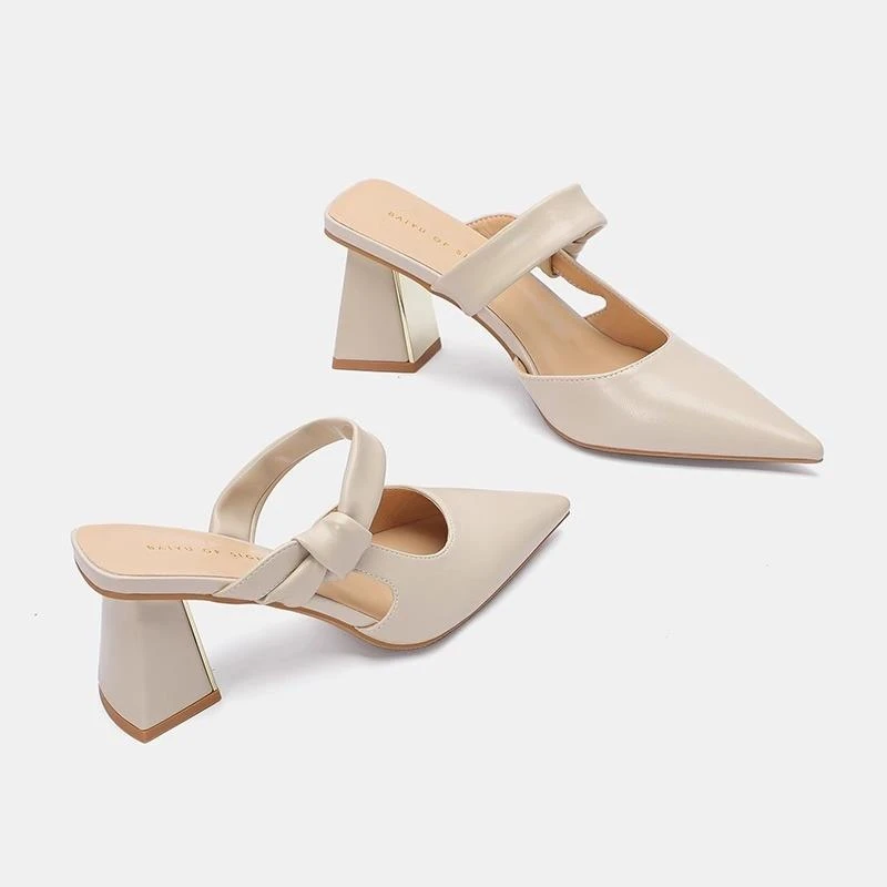 意尔 康尖头半拖鞋女2025夏季外穿一字带粗跟包头高跟凉鞋新款百