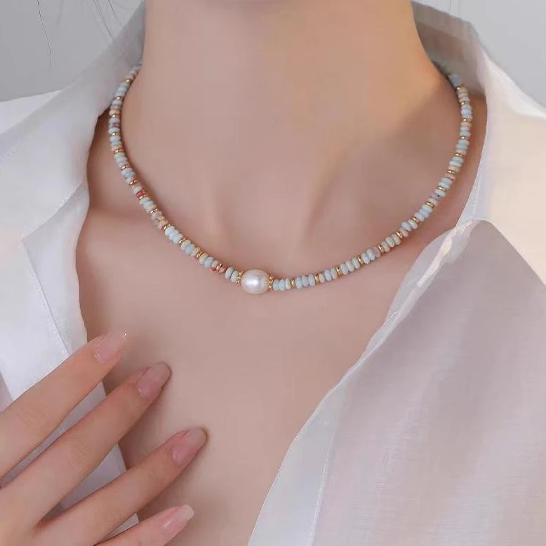 铜仿珍珠项链 MISS RUILI 定制 彩色配饰天然串珠石锁骨链F0515