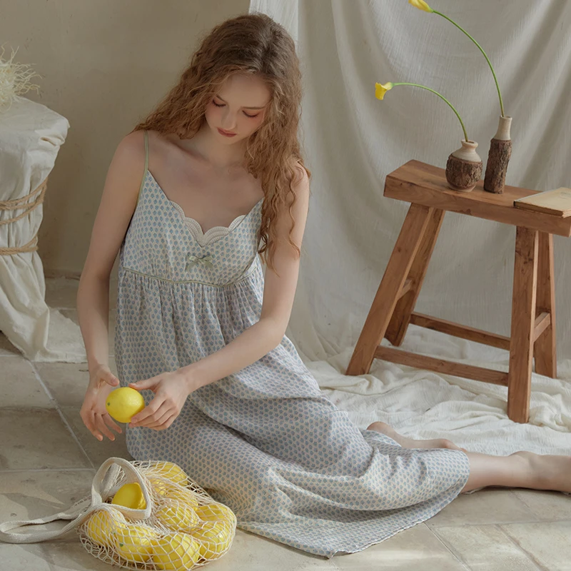尘熙性感睡裙女夏季新款甜美薄款印花亲肤带胸垫吊带睡衣家居服