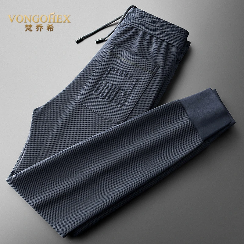 VONGOHEX男士休闲裤春秋时尚华夫格纹裤压胶刺绣修身束脚卫裤长裤