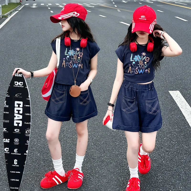 女童套装2025夏季新款韩版字母印花潮流印花短袖T恤短裤两件套潮8