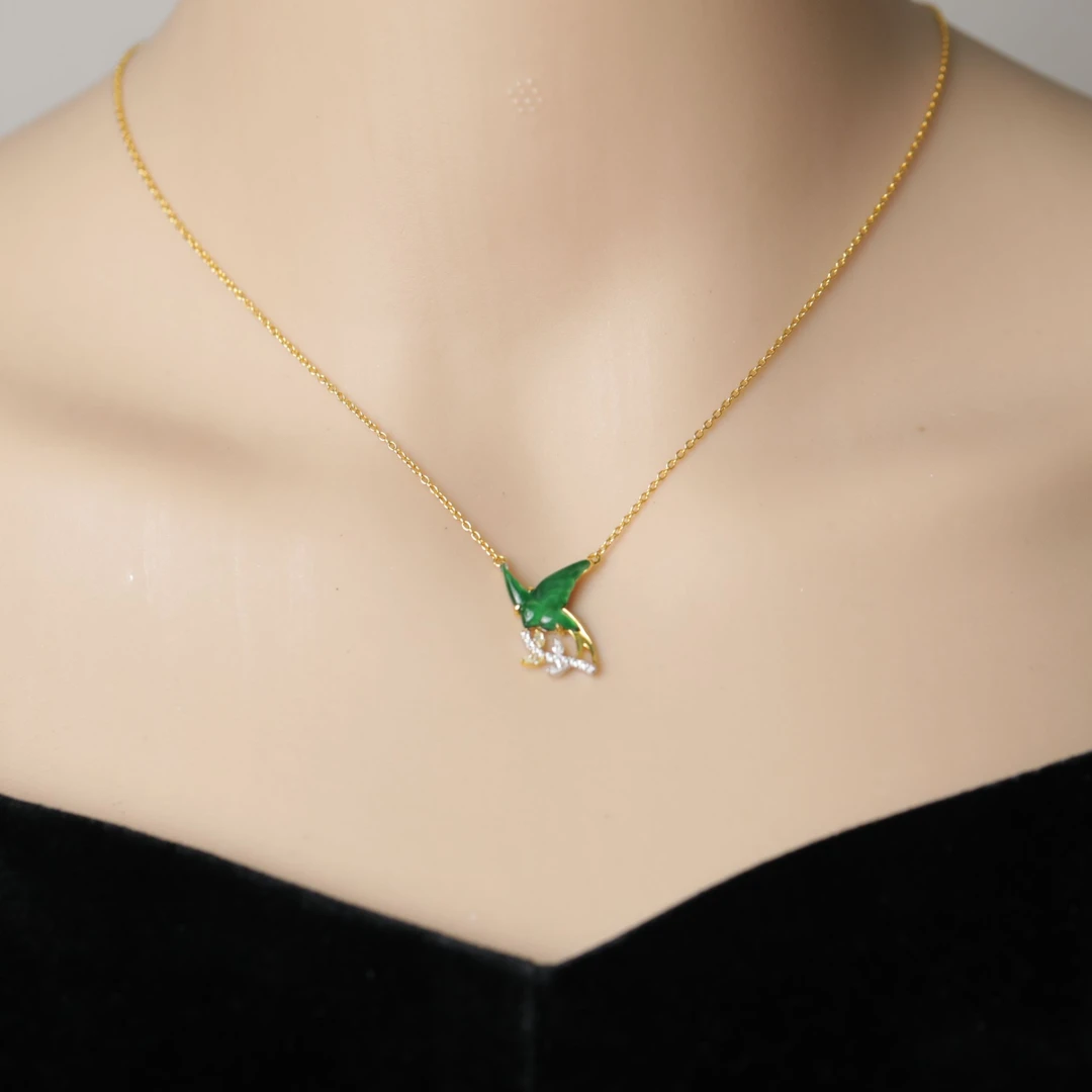 天然A货翡翠高冰阳绿色S925银镶嵌颈饰俱欢燕项链百搭挂件