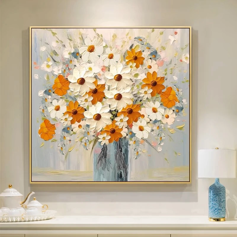 手绘花卉油画餐厅高级感大芬村装饰画方形卧室床头奶油风肌理挂画