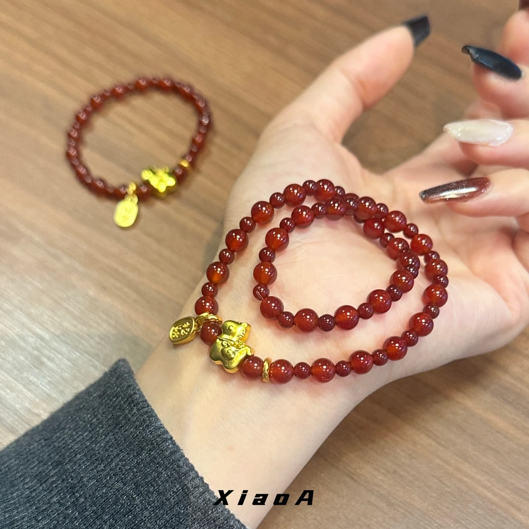 原创招财小马双圈编织串珠红玛瑙手串手链叠带本命年中式礼物马年