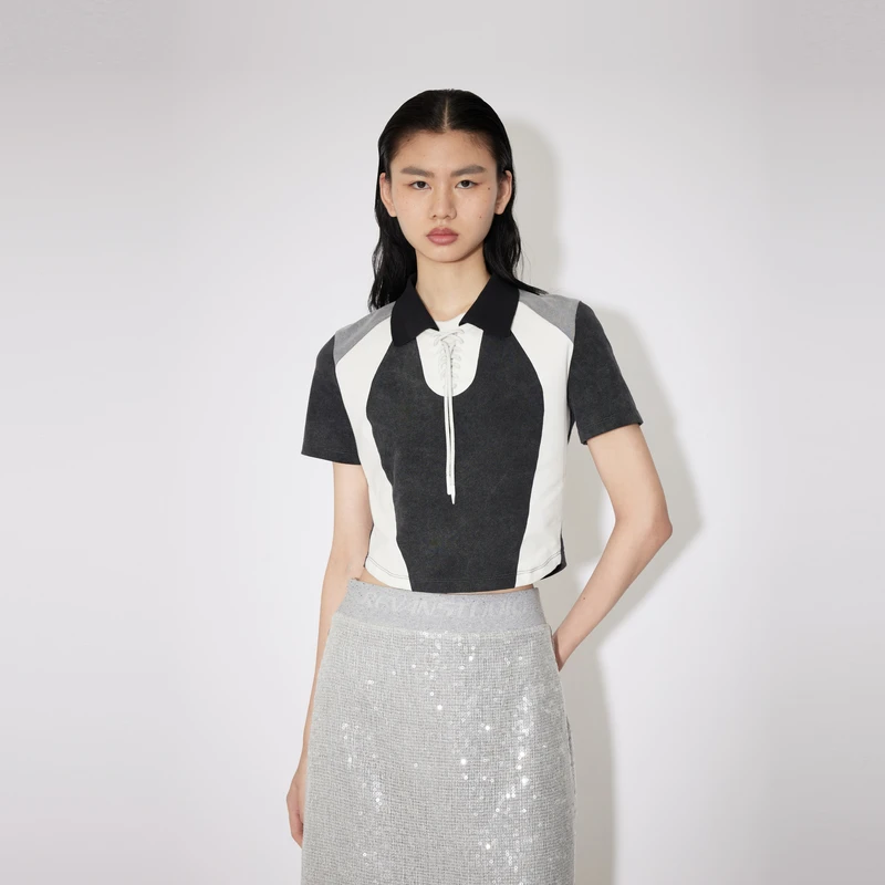 REVAN芮范专柜同款质感黑灰白拼色短袖T恤RM31001044