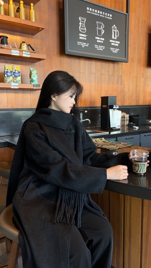 直筒型秋冬通勤长袖冬季毛呢外套时尚纯色开衫慵懒气质经典大衣