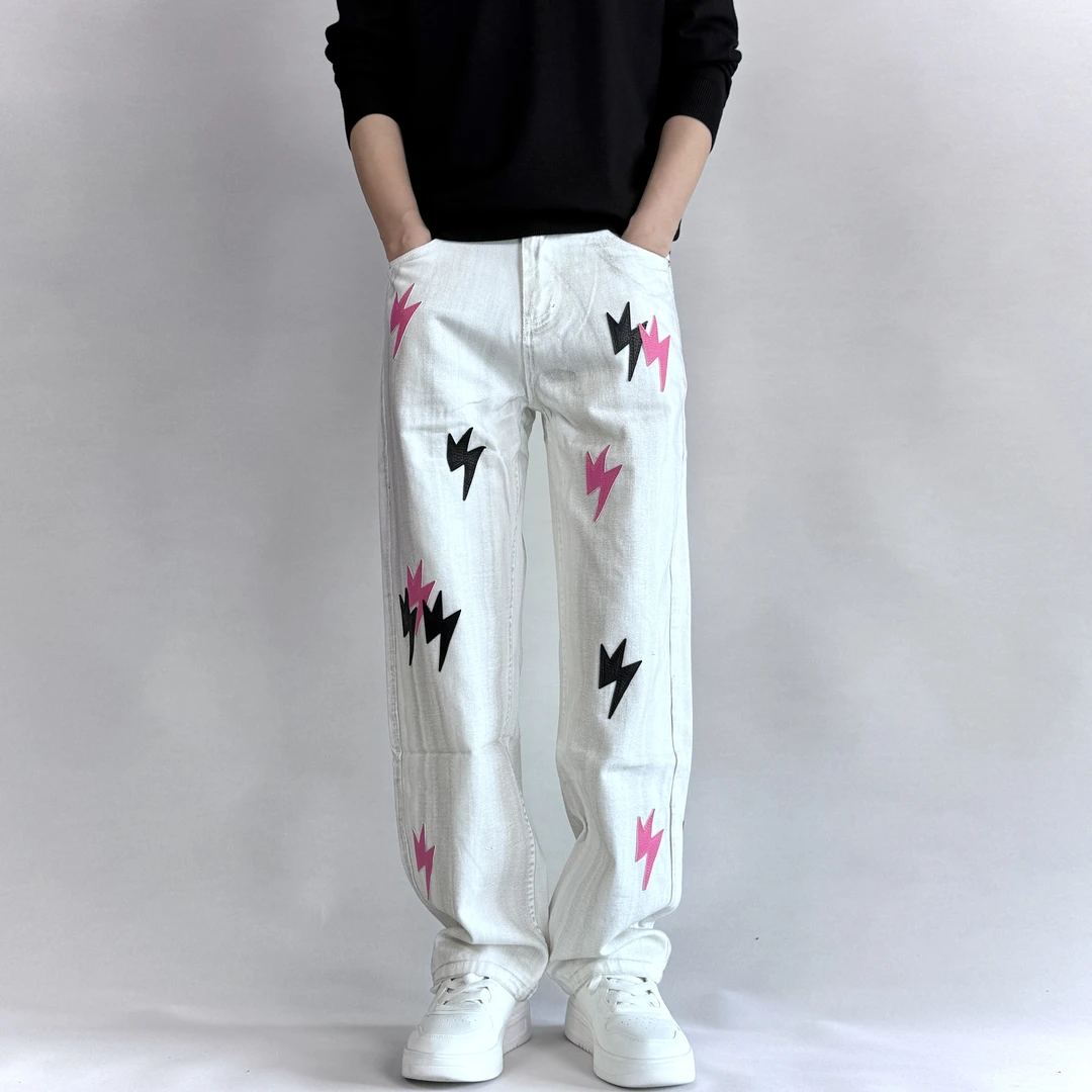 【宽松直筒】无弹纯棉小众设计感闪电牛仔裤男生美式休闲时尚做旧白