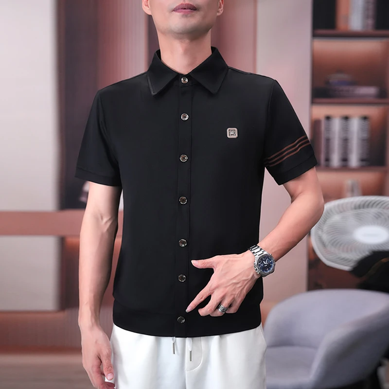 翻领时尚中年短袖男2025夏季新款薄款冰丝半袖休闲打底衫T恤F536