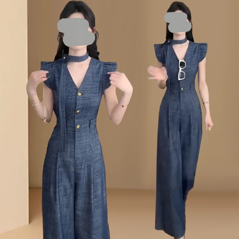 韩版时尚气质牛仔蓝连体裤女2025夏季新款简约飞飞袖连体阔腿长裤