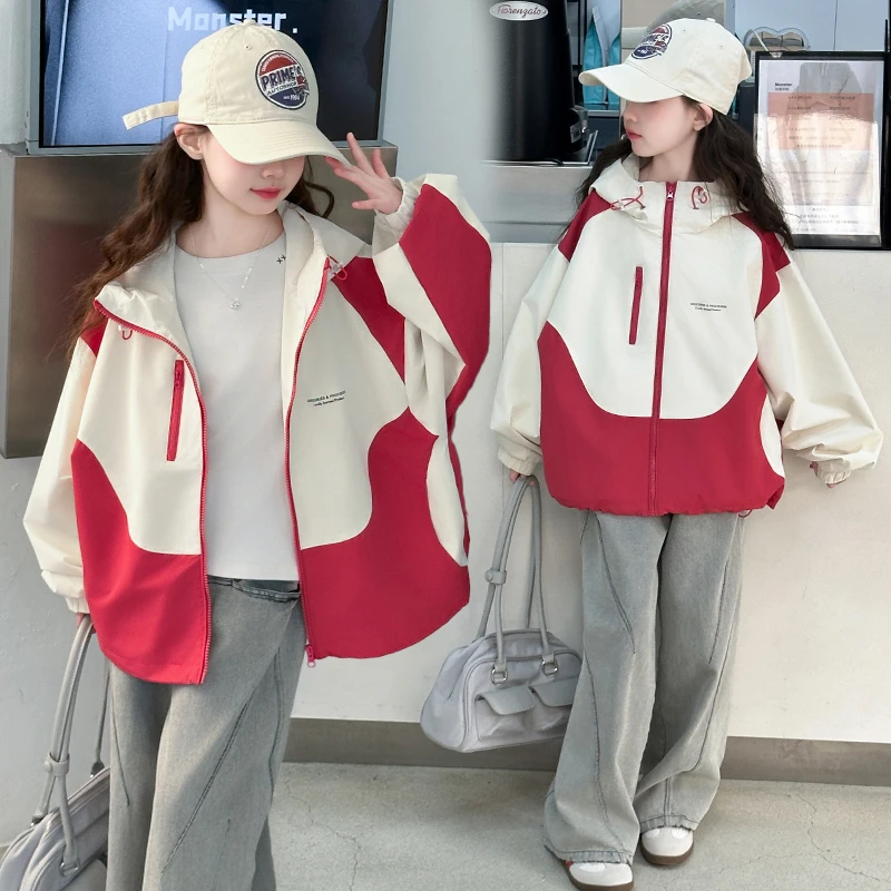 女童风衣外套春秋装2025新款洋气时髦儿童冲锋衣大童春季连帽上衣