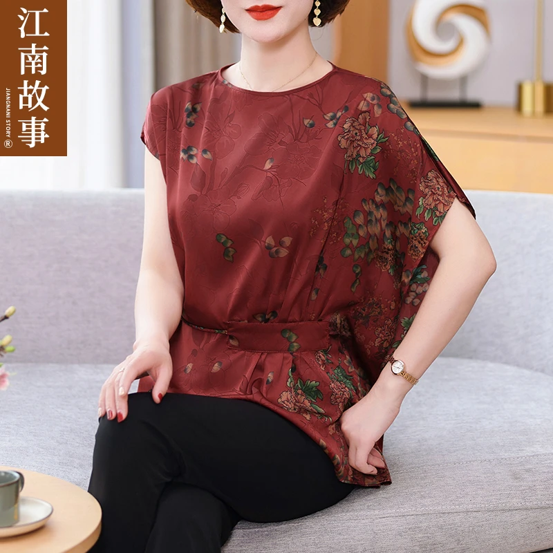 江南故事中老年休闲风宽松女装夏装大码宽松圆领女装短T恤