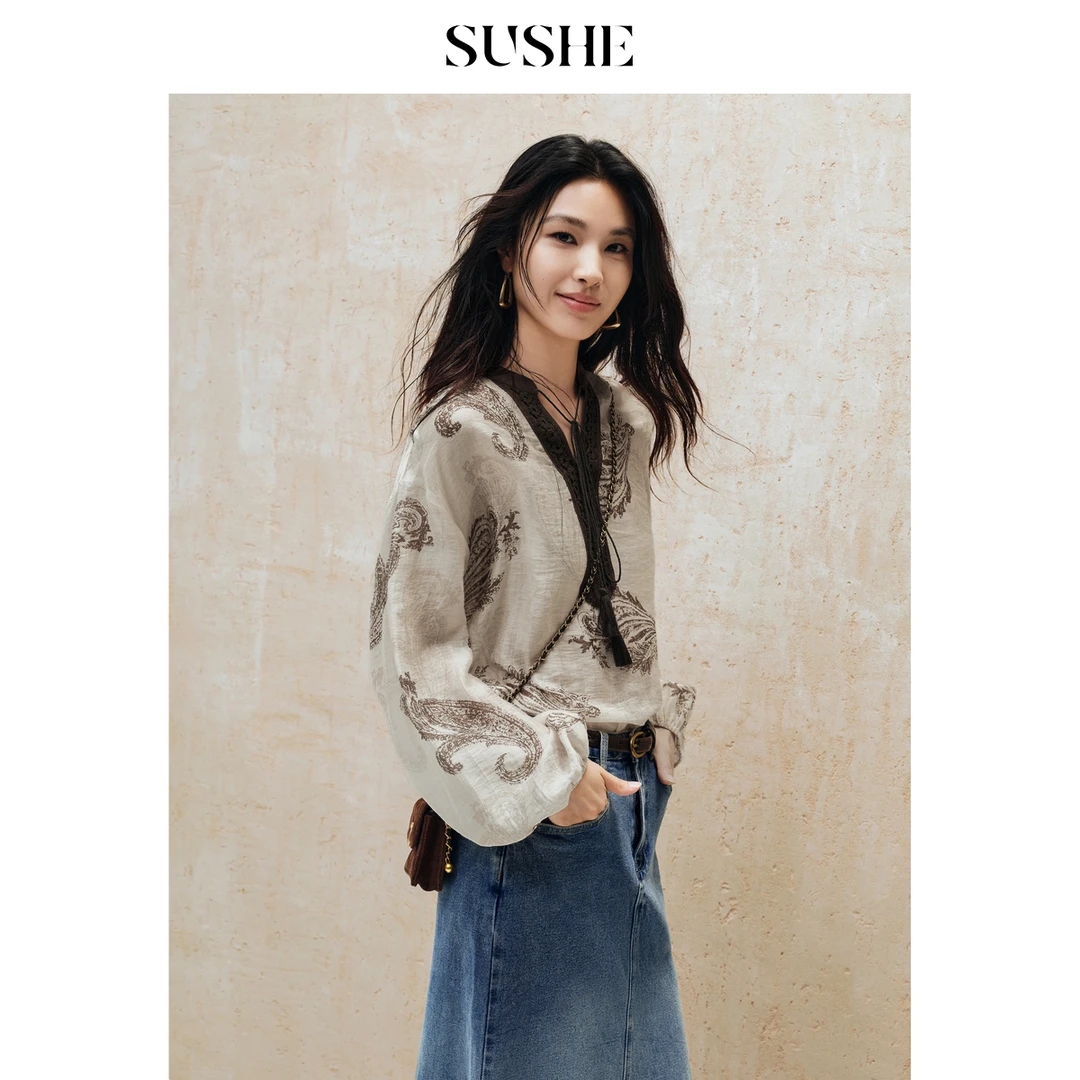 束皙SUSHE 淮羽 波西米亚风 亚麻印花苎麻拼接立领宽松雪纺衫