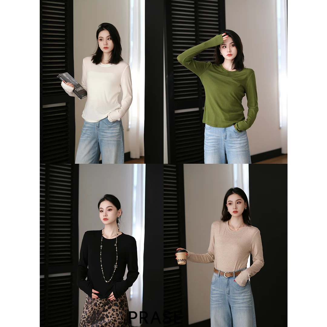 PRASE·噜【裸感打底】微胖轻奢设计款秋女天丝羊毛圆领T恤PR508S22