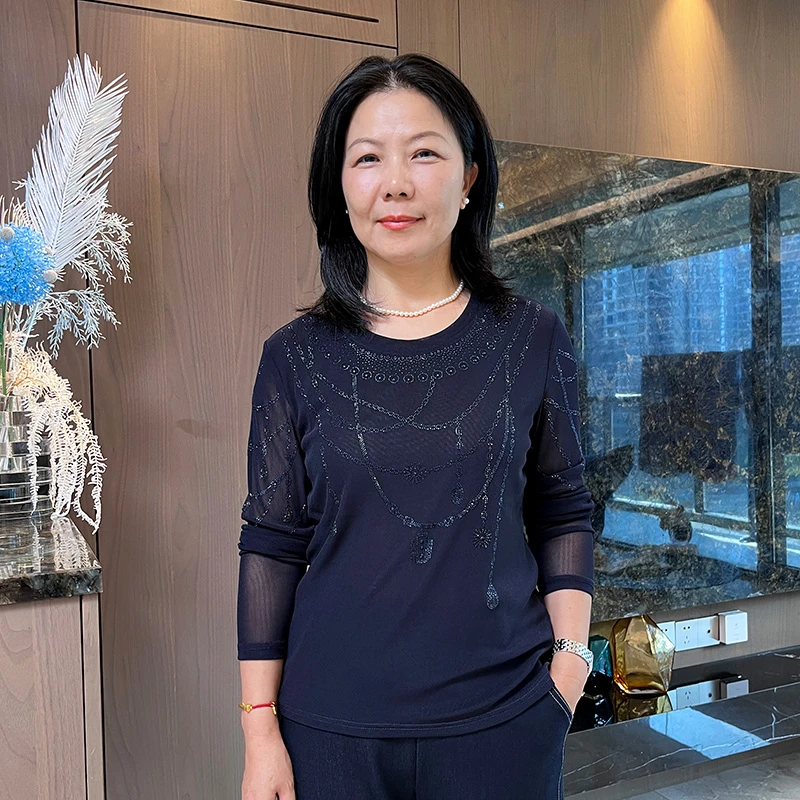 秋季圆领弹力网纱镶钻长袖时尚妈妈套衫打底上衣YP9806