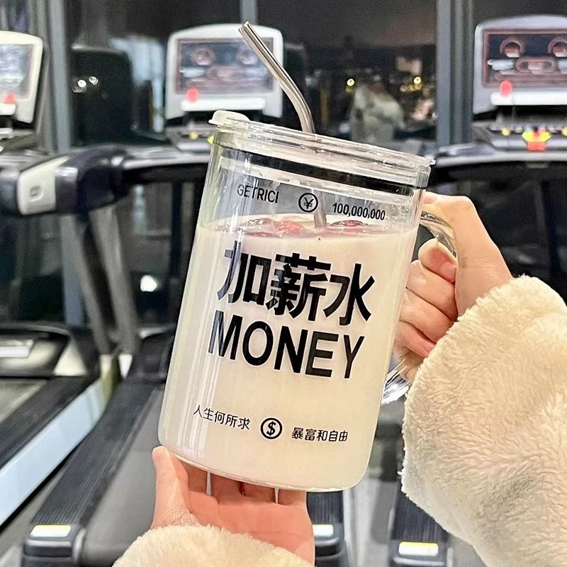 1000ml玻璃杯吸管杯耐热办公室专用水杯超大容量带盖果汁牛奶杯子