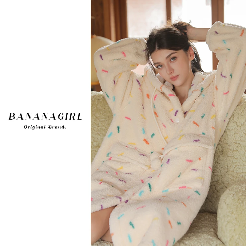 Bananagirl【幸运彩带】睡衣女秋冬中长款连帽睡袍家居服可外穿