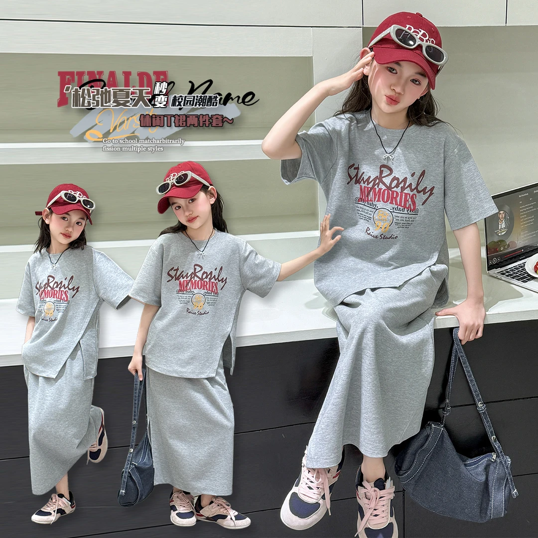 女童新款亲子装洋气风印花开岔时尚ol夏季套装休闲连衣裙童装夏装