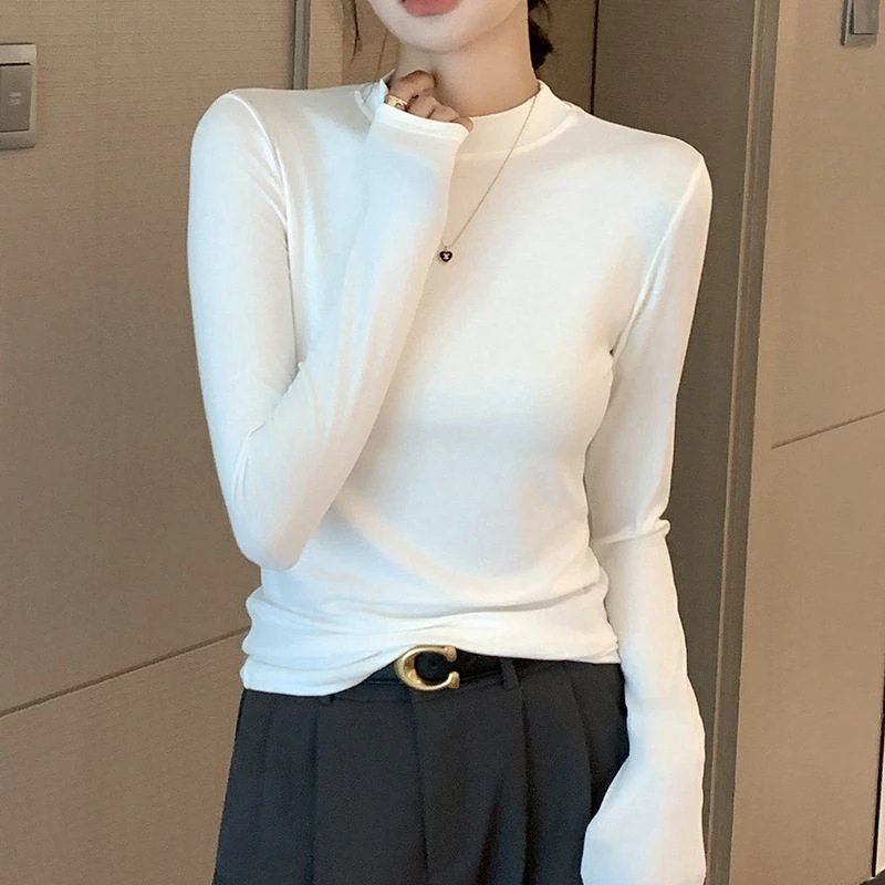 2025春新款纯色小立领打底衫半高领螺纹弹力棉百搭显瘦长袖女t恤