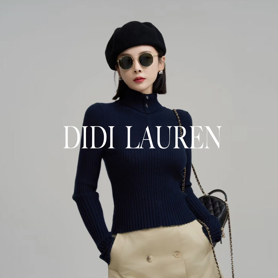 DIDI LAUREN“长岛初秋”韩系小众藏蓝色羊毛修身款高领毛衣