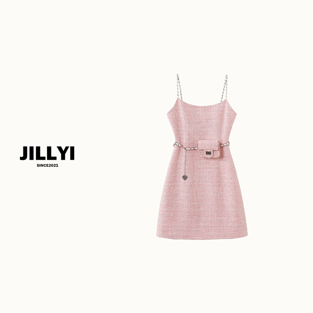 JILLYI【樱花晨露裙】粉色腰间包包小香风气质吊带连衣裙时尚百搭
