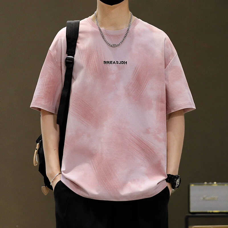 YH夏季新款港式日系潮流简约扎染烧花工艺青少年百搭圆领短袖 T恤