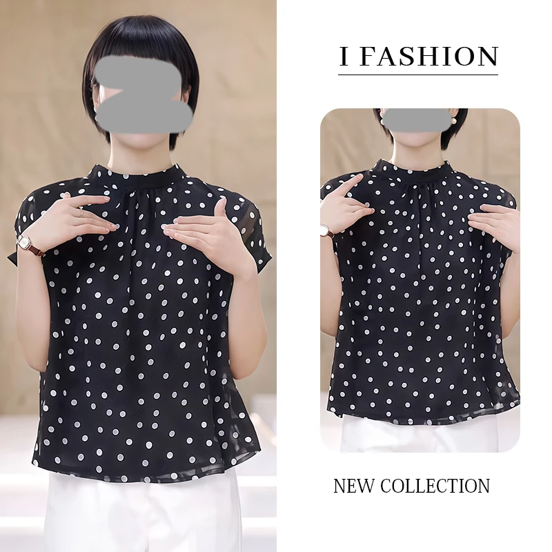 时尚减龄半高领波点短袖衬衫女2025年夏季新款小个子宽松显瘦上衣
