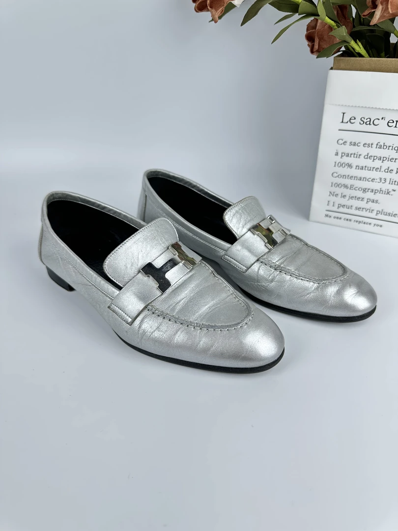 95新 Hermes/爱马仕 经典银色大标乐福鞋/36码/福利一口价