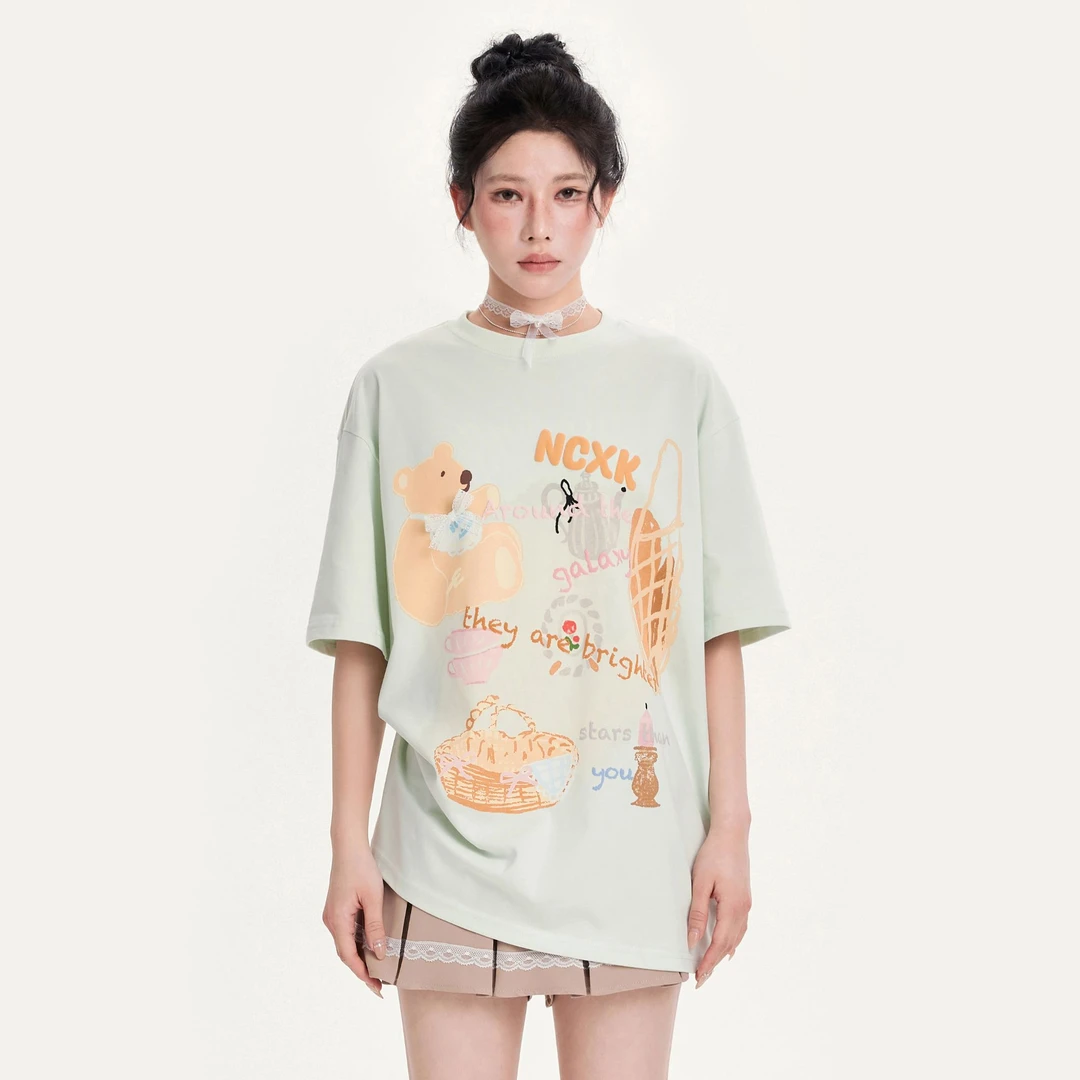【清清】NCXK彩绘可爱小熊蝴蝶结短袖T恤甜妹宽松休闲半袖DX014