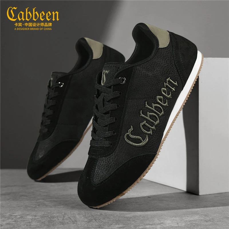 卡宾男鞋2026秋季新款黑色字母印花休闲鞋平底流百搭系带低帮板鞋
