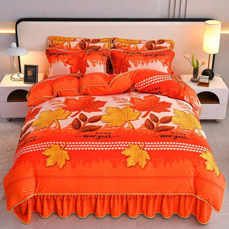 新款加厚牛奶绒四件套加绒床裙款印花被罩双面绒床上用品