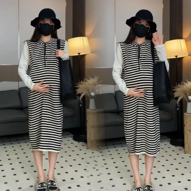 孕妇时尚条纹毛衣马甲背心连衣裙中长款宽松裙子2025辣妈潮
