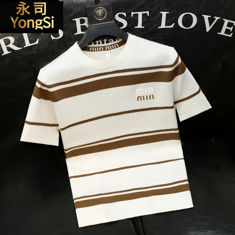 条纹欧洲站圆领短袖毛衣男士青年修身春秋新款内搭针织衫高端毛衫