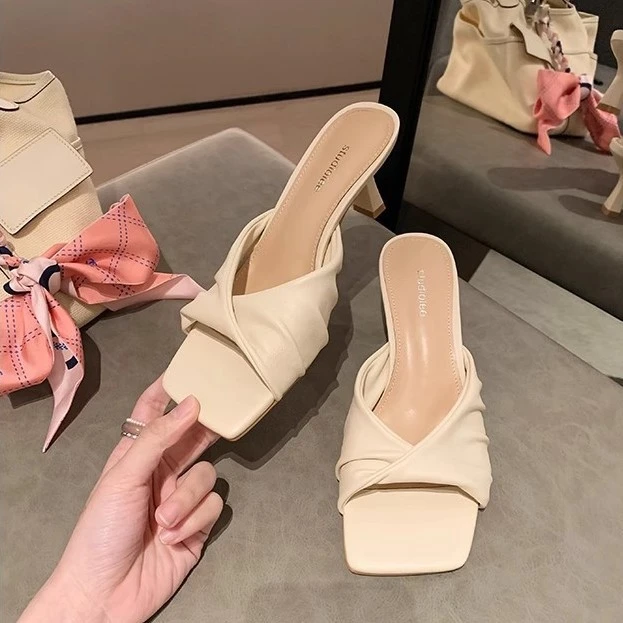 葡萄妈同款 2025夏季新款7cm法式方头褶皱一字带穆勒半拖鞋女真皮