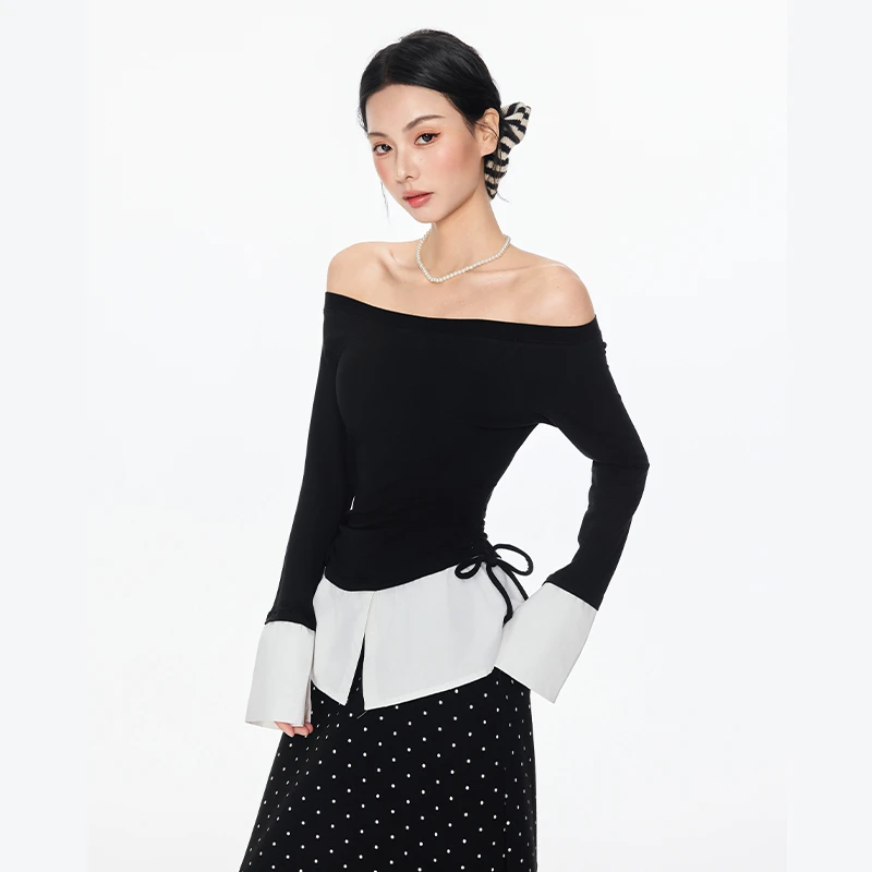 法式别致抽绳拼接黑色一字肩上衣女夏季新款设计感小众长袖T恤衫
