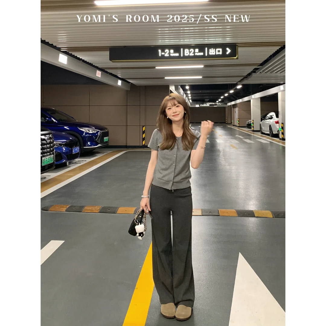 YOMI小个子【舒适至上】灰色直筒百搭休闲裤春季高腰薄款夏季