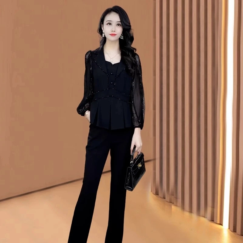 高档休闲百搭黑色时尚套装女2025新款春季轻奢妈妈收腰显瘦两件套