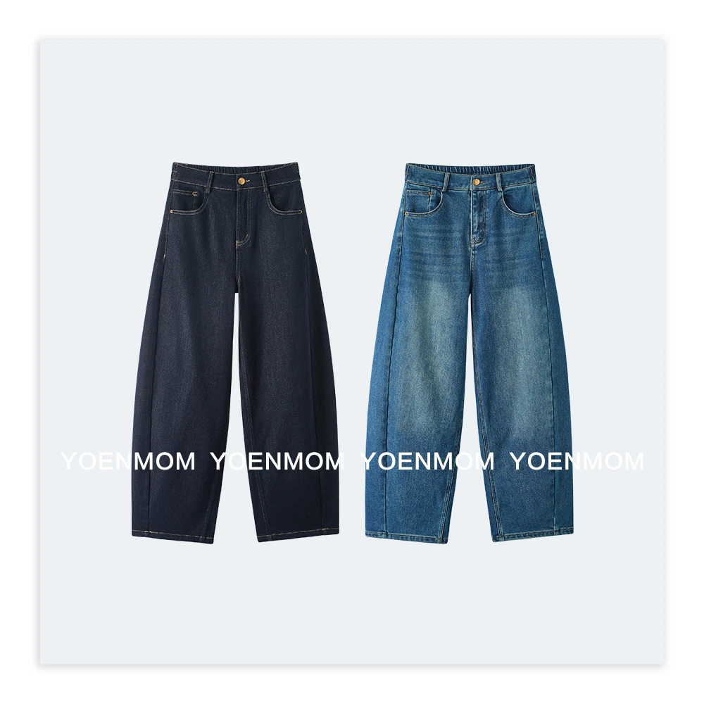 YOENMOM·思远·棉质复古水洗立裁斜线拼接半松紧腰加绒款牛仔裤
